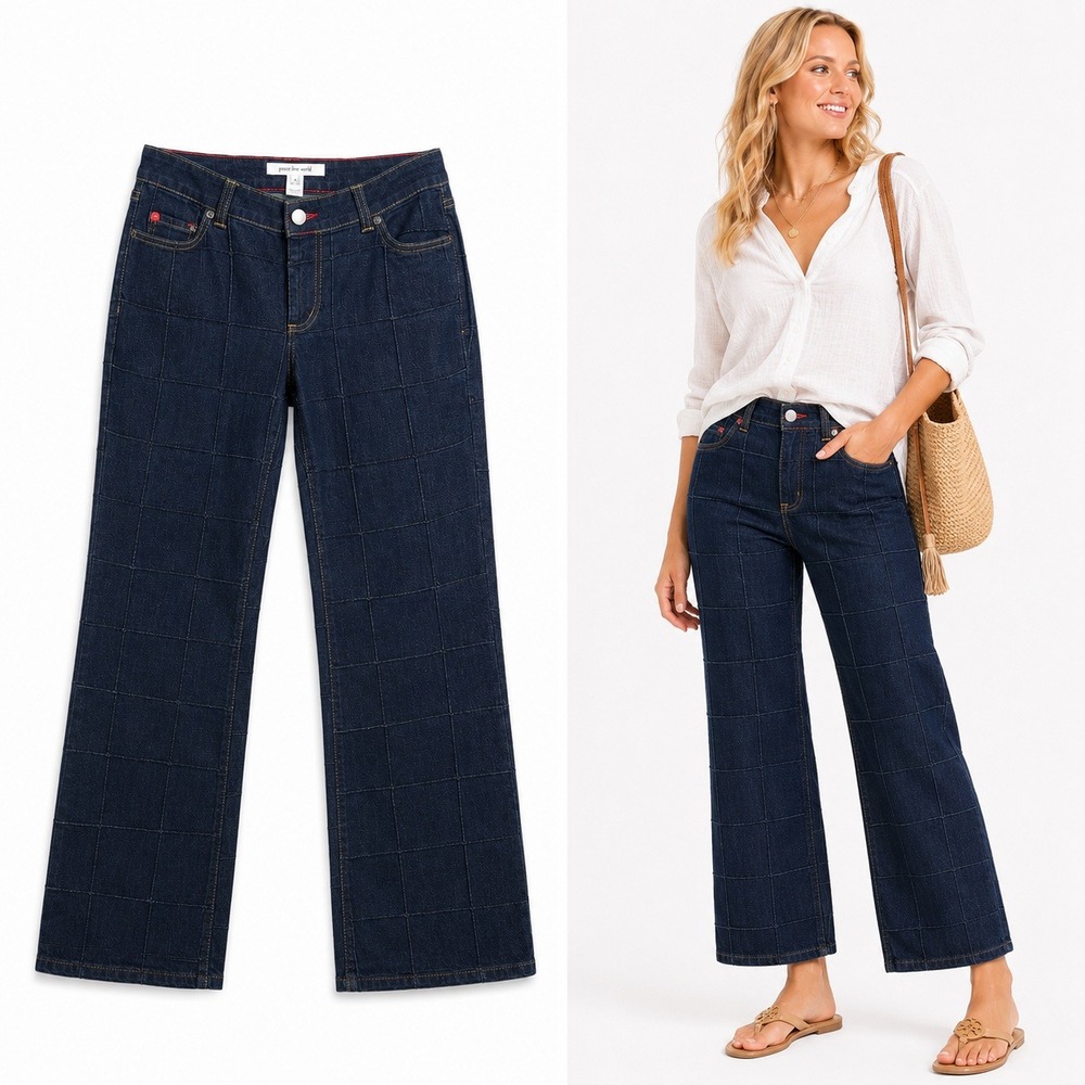 Peace Love World Jeans Womens 4 Blue‎ Dark Wash Quilted Grid Patchwork Bootcut